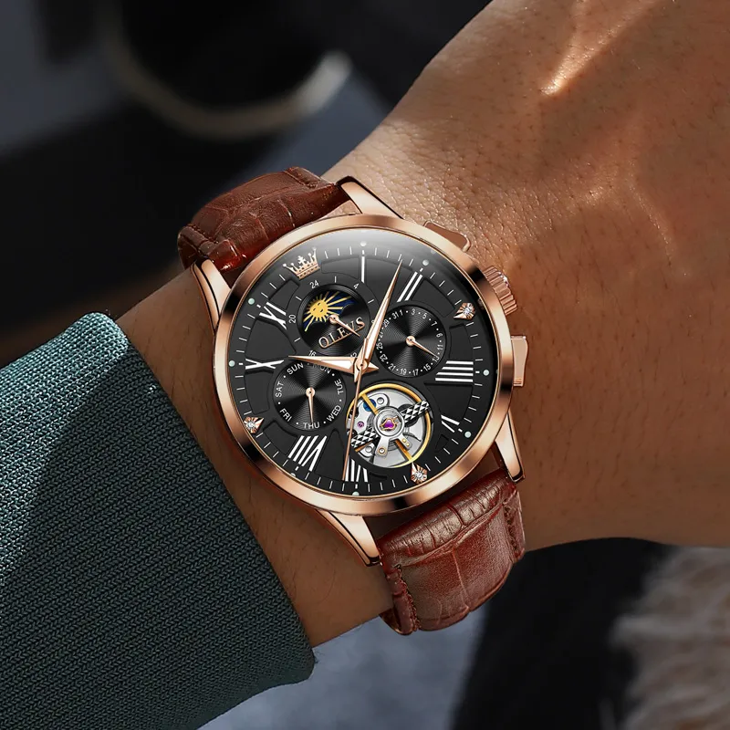 OLEVS Wisdom Series Mechanical Movement Leather Strap Watch Men's Watches Black Dial-29