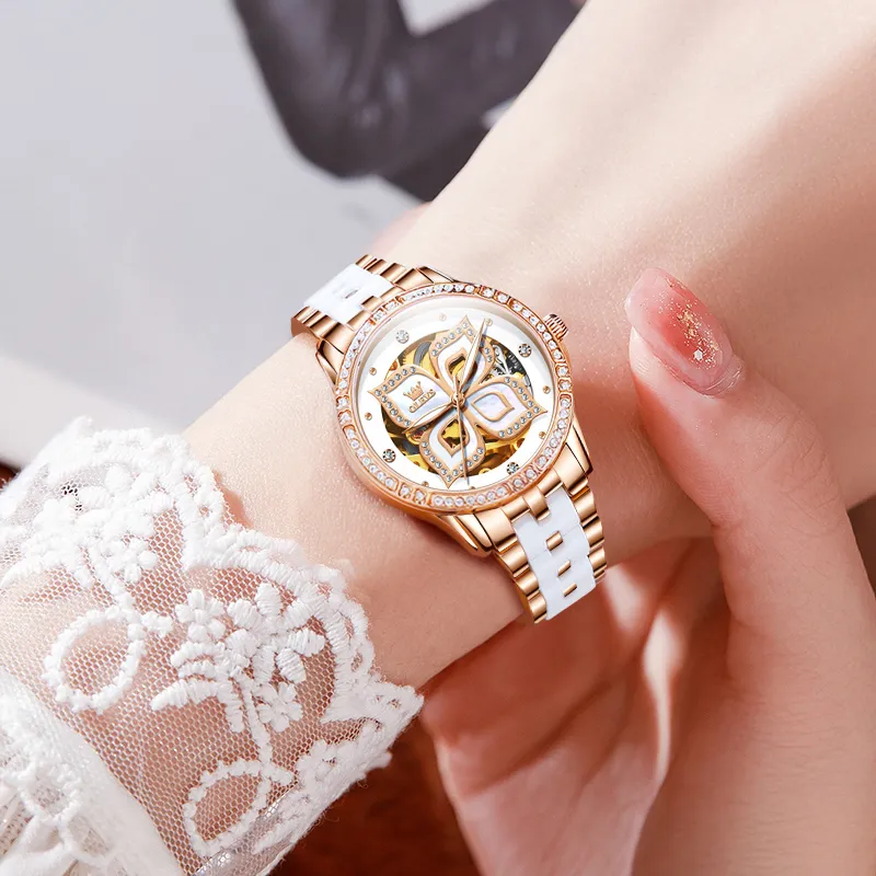 OLEVS Minimalist Series Mechanical Movement Ceramic Strap Watch Women's Watch White Dial-7