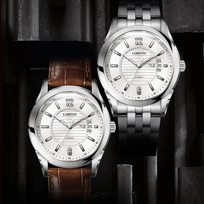 LOBINNI L Automatic Mechanical Movement Genuine Leather Strap Watch Men's Watches Silver Dial-2