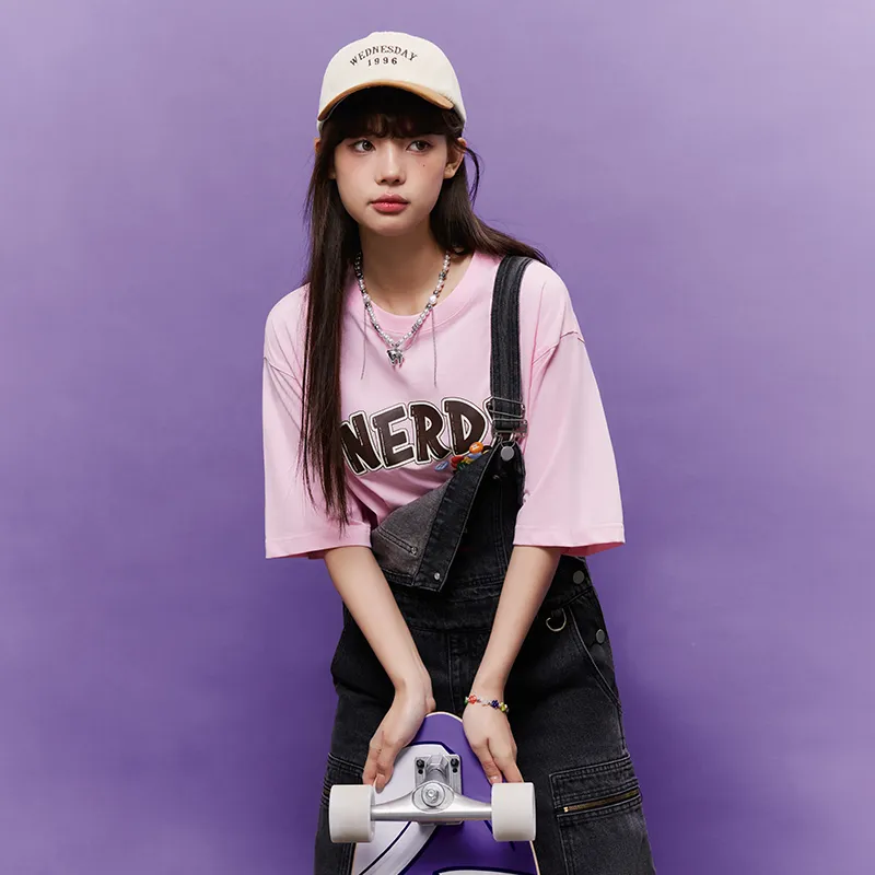 NERDY Drop Shoulder Sleeve T Shirt Unisex Pink-5