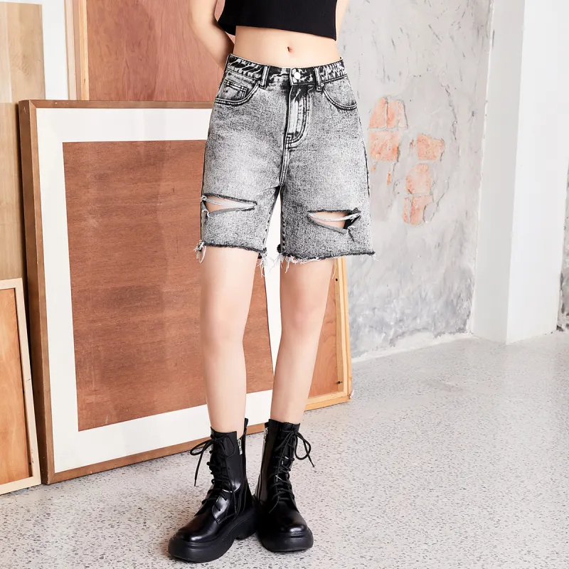 MEETLADY Denim Shorts Women's Black Gray Color-2