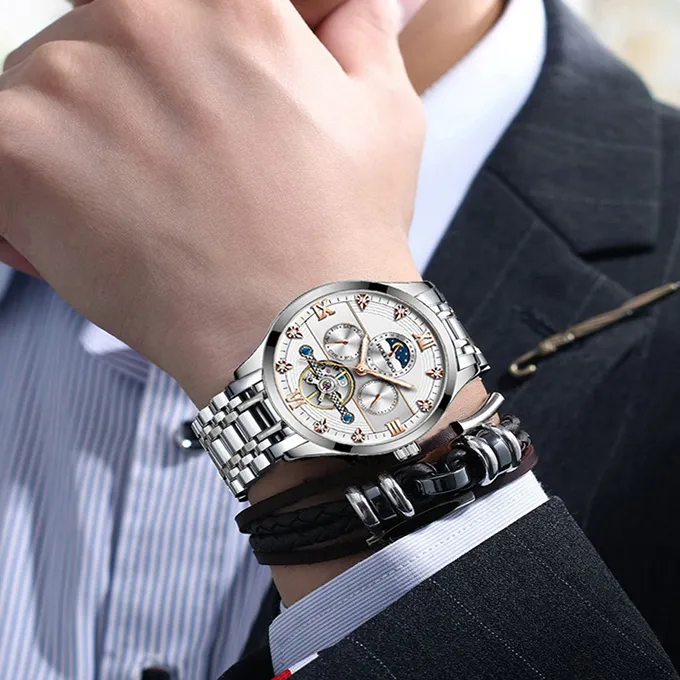 ROLENDO R Automatic Mechanical Movement Stainless Steel Watchband Watch Men's Watches White Dial-10
