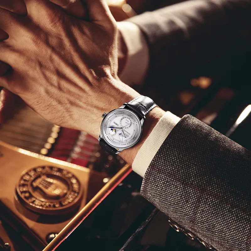 LOBINNI L Automatic Mechanical Movement Genuine Leather Strap Watch Men's Watches White Dial-5