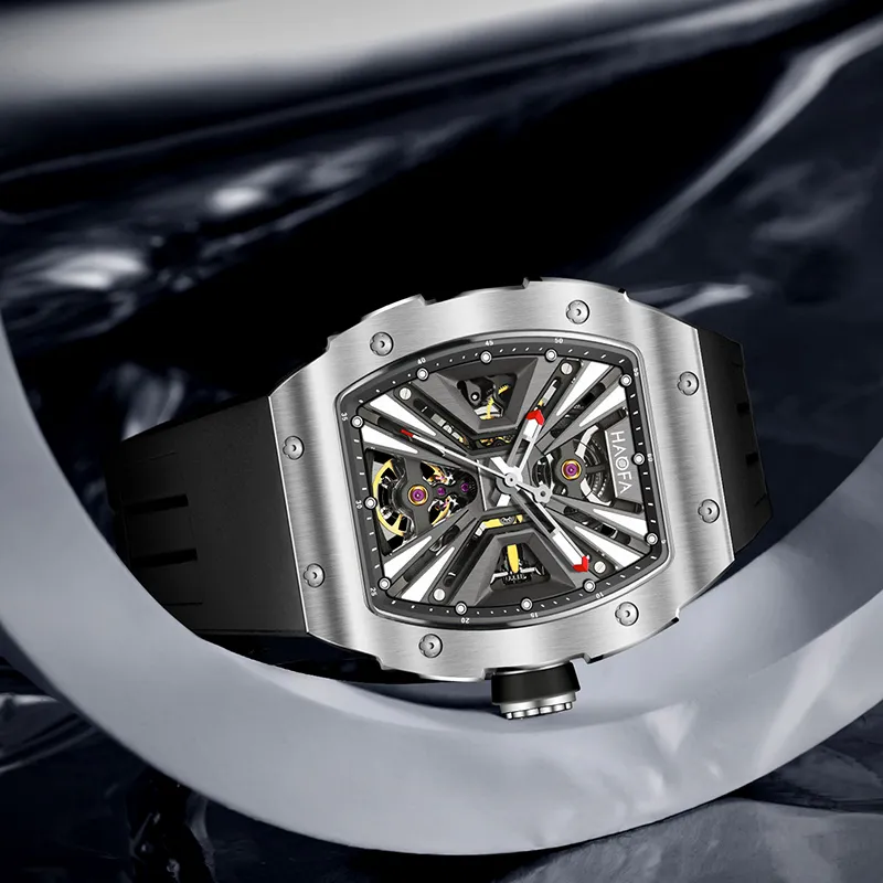 HaofaTourbillon Mechanical Movement Rubber Strap Watch Men's Watches Silver Dial-2