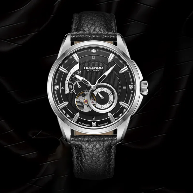 ROLENDO R Wisdom Series Automatic Mechanical Movement Cowhide Strap Watch Men's Watches Black Dial-3
