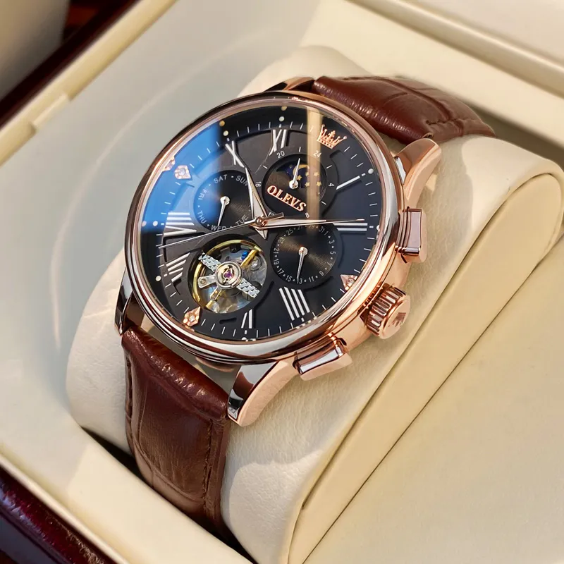 OLEVS Wisdom Series Mechanical Movement Leather Strap Watch Men's Watches Black Dial-25