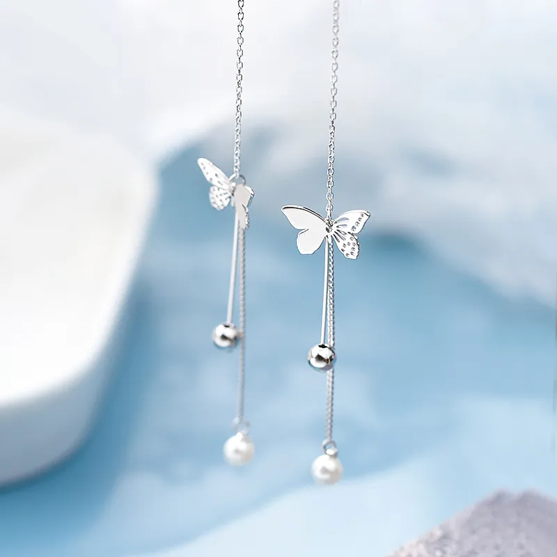 SENDME Drop Earrings Women's Butterfly Fringe Silver Drop Earrings-3