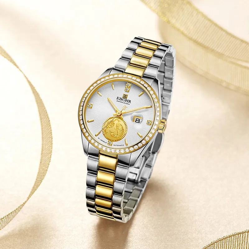 EBOHR Mechanical Movement Stainless Steel Strap Watch Unisex Gold Dial 21334118-4