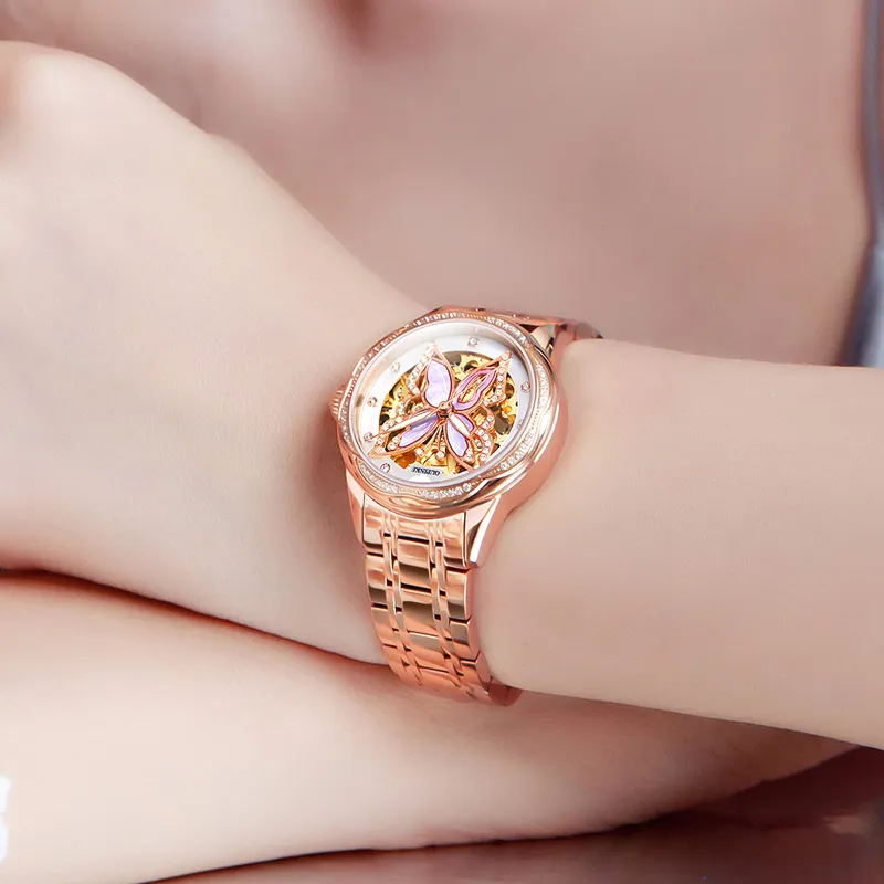 Oupinke AIR-BORN Collection Ceramic Rhinestone-Embellished Mechanical Movement Watch Women's Watch White Dial-10