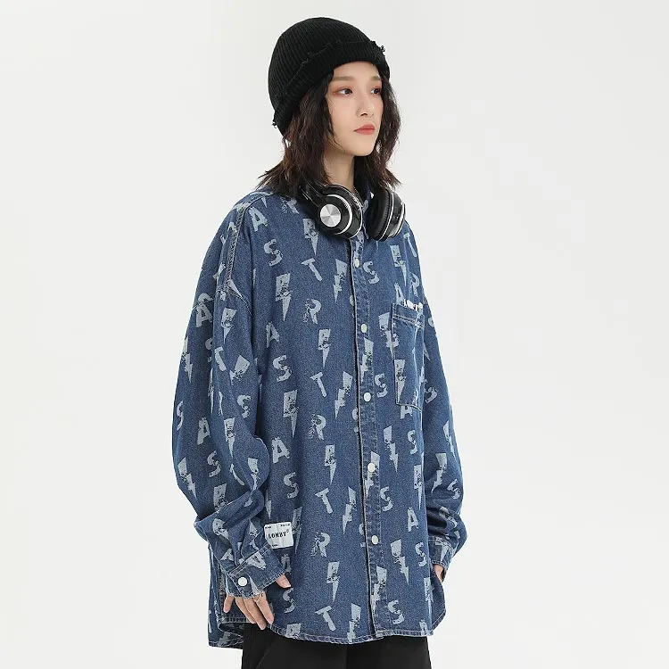 LOMBT Letter All Over Print Heavy Washed Denim Shirt Spring And Autumn Unisex Blue-4