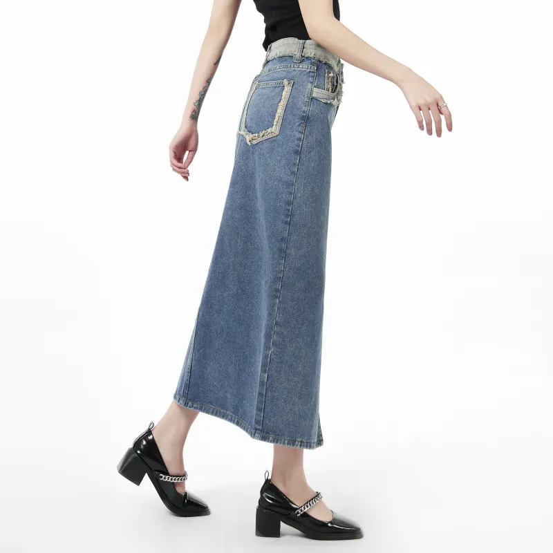 QYPRF Denim Long Skirts Women's Vintage Blue-3