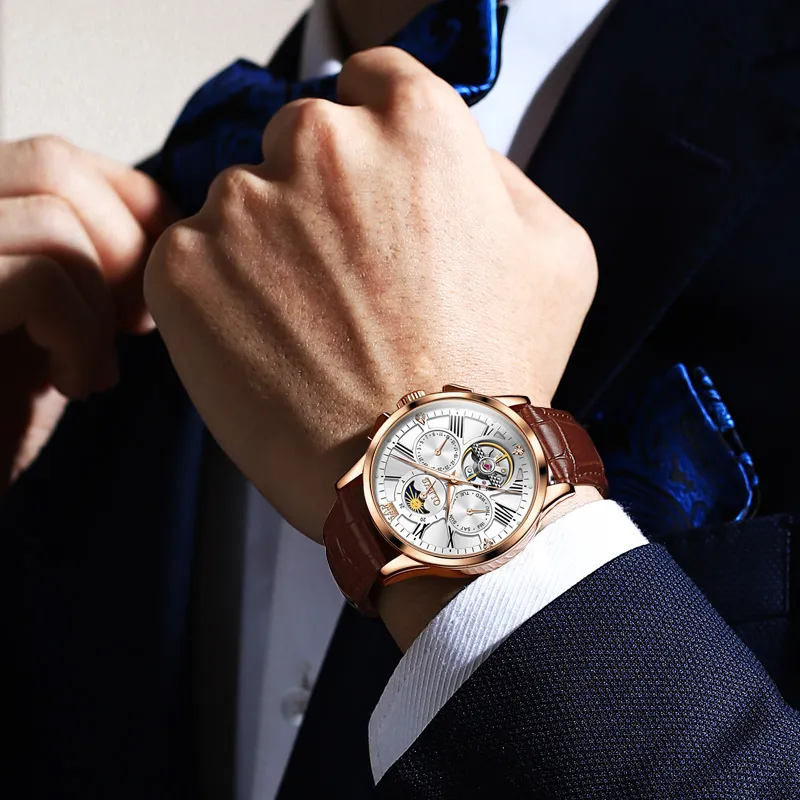 OLEVS Wisdom Series Mechanical Movement Leather Strap Watch Men's Watches Black Dial-20