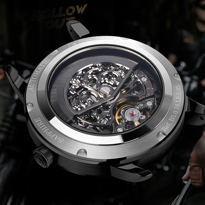 LOBINNI L Automatic Mechanical Movement Genuine Leather Strap Watch Men's Watches Black Dial-40