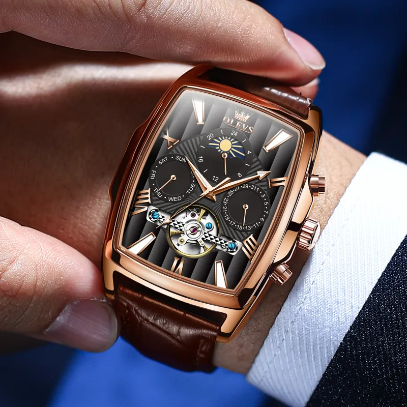 OLEVS Mechanical Movement Leather Strap Watch Men's Watches White Dial-6