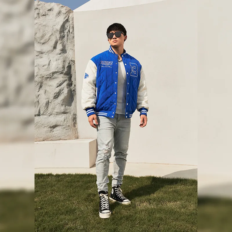 BLUESFLY Letter Colorblock Stand Collar Loose Fit Thickened Puffer Jacket Unisex Blue-3