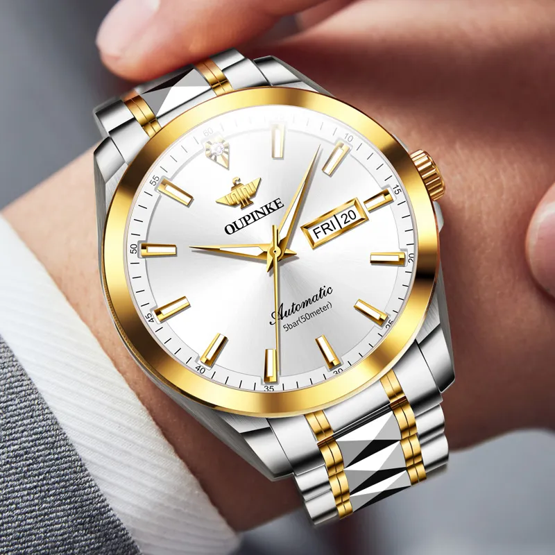 Oupinke Gaias Collection Mechanical Movement Stainless Steel Watchband Watch Men's Watches White Dial-4