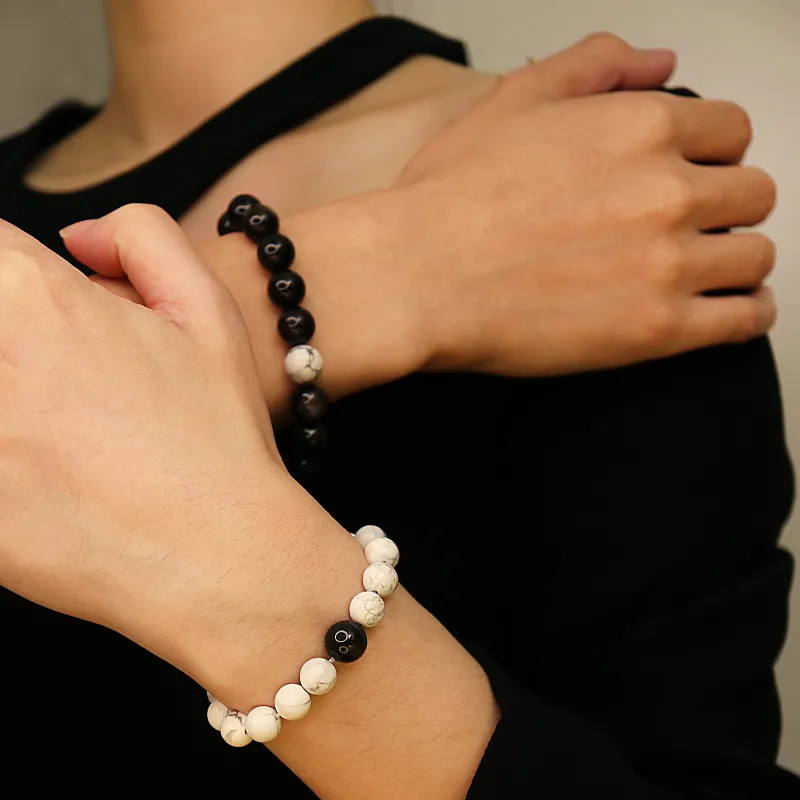 SIMPLE JOYS Silver Sheen Obsidian White Turquoise Couple Beaded Bracelet Unisex 1 Pair, Stretch-4