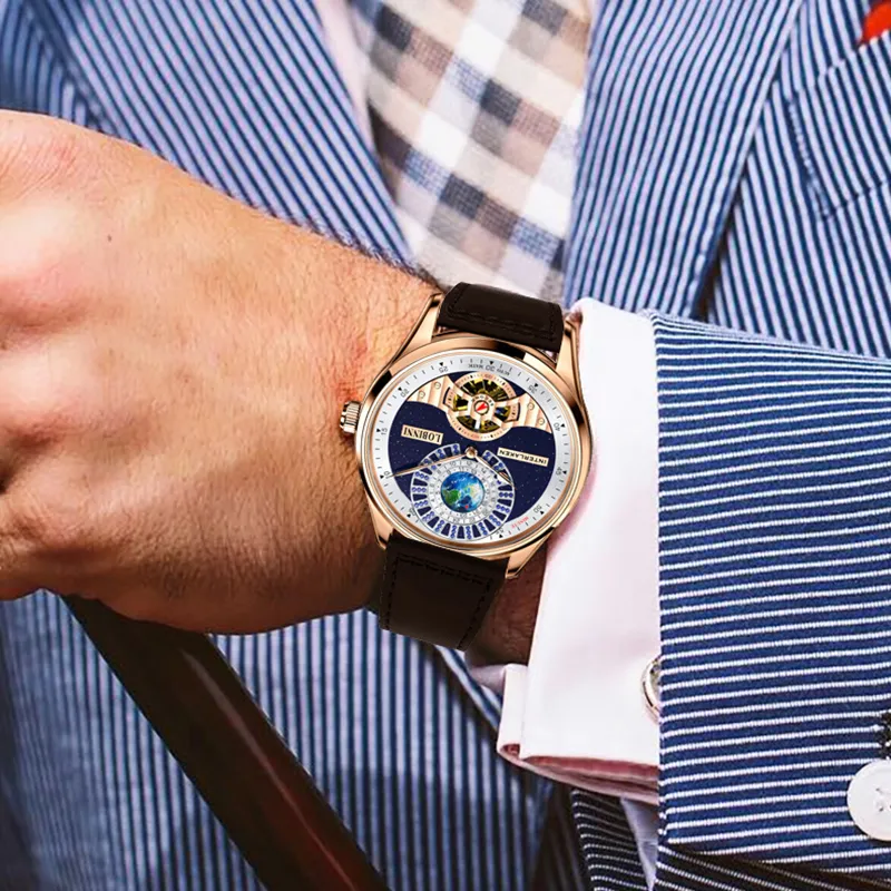 LOBINNI L Planet Watch Men's Automatic Mechanical Movement Cowhide Strap Watch Men's Watches Blue Dial-9