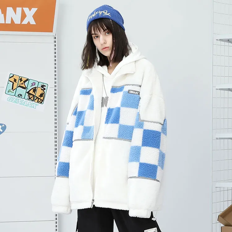 GENANX Letter Plaid Stand Collar Loose Fit Puffer Jacket Unisex-9