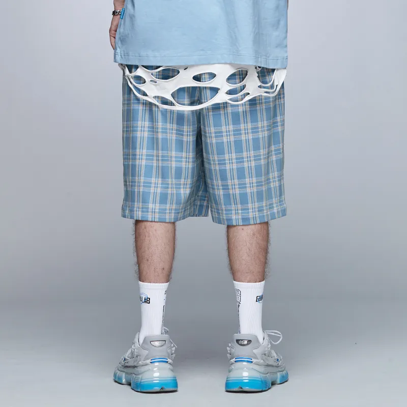 Guuka Casual Shorts Men Blue Plaid-5