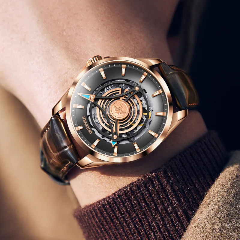 Oupinke Sky Eye Collection Mechanical Movement Leather Watch Bands Watch Men's Watches Black Dial-11