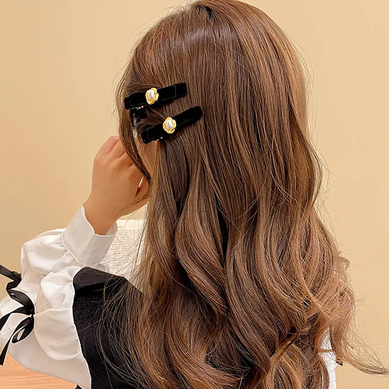 SENDME Hair Clips Women's Black Velvet Pearl Bowknot Hair Clip Set Of Two-7