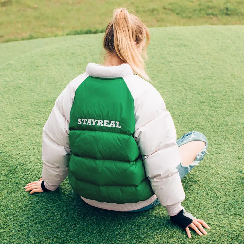 STAYREAL Letter Colorblock Baseball Collar Thickened Down Jacket Unisex-4