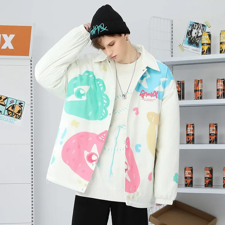 GENANX Cartoon Lapel Loose Fit Puffer Jacket Unisex Milk White-4
