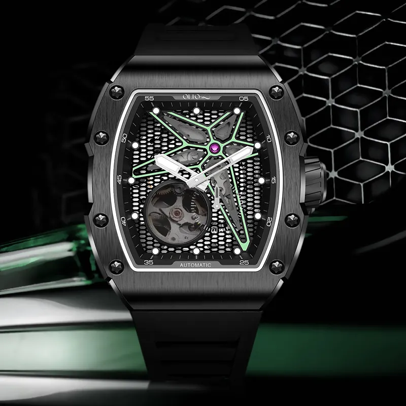 OLTO 8 Astral Series Wrist Watch Automatic Mechanical Movement Silicone Strap Black Dial Men's Watches-9