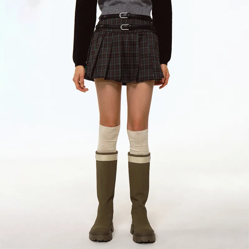 MATCHA STORY College Series Casual Short Skirts Women's Green Plaid-2