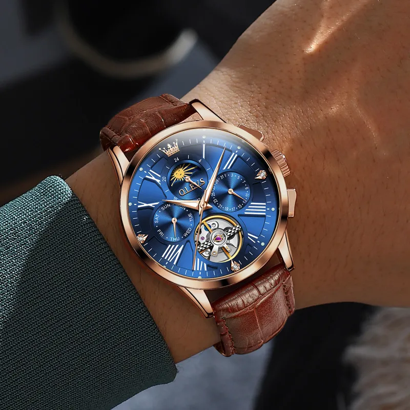 OLEVS Wisdom Series Mechanical Movement Leather Strap Watch Men's Watches Black Dial-17