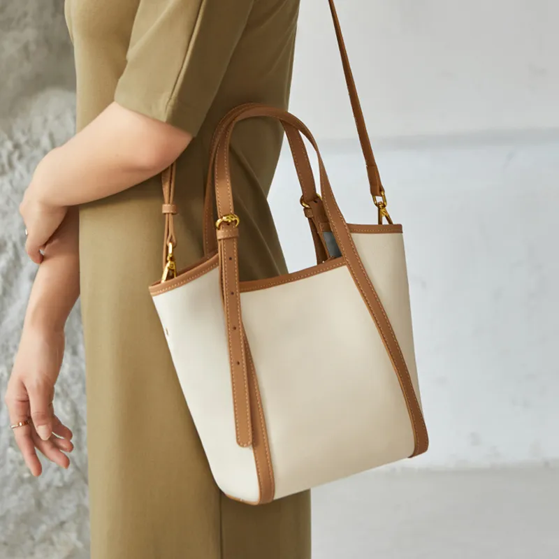 JANE KLAIN Cow Leather Tote Bag Shopping Bag Bucket Bag Handbag Shoulder Bag Medium Size Women's Milkshake White-3