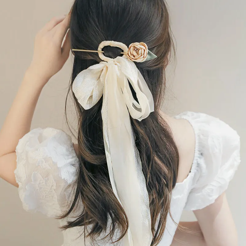 SENDME Hairpins Women's Gauze Ribbon Rose Hairpin-4
