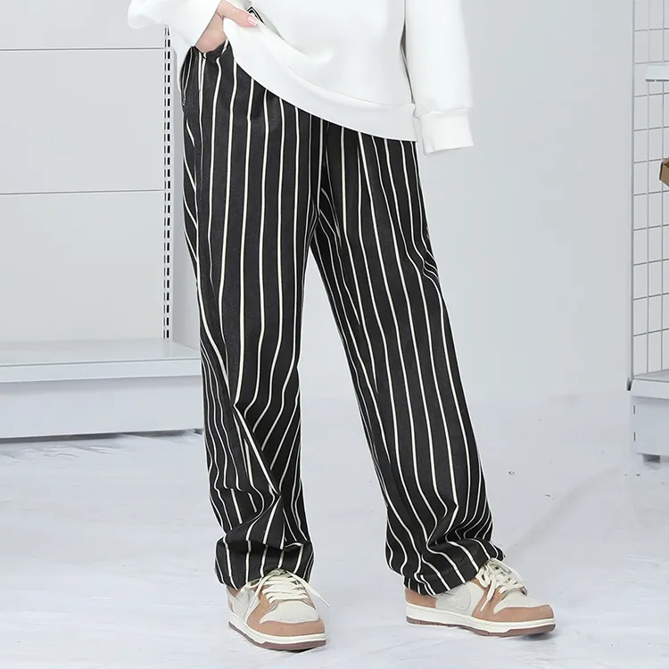 GENANX Casual Pants Unisex Black White Stripes-3