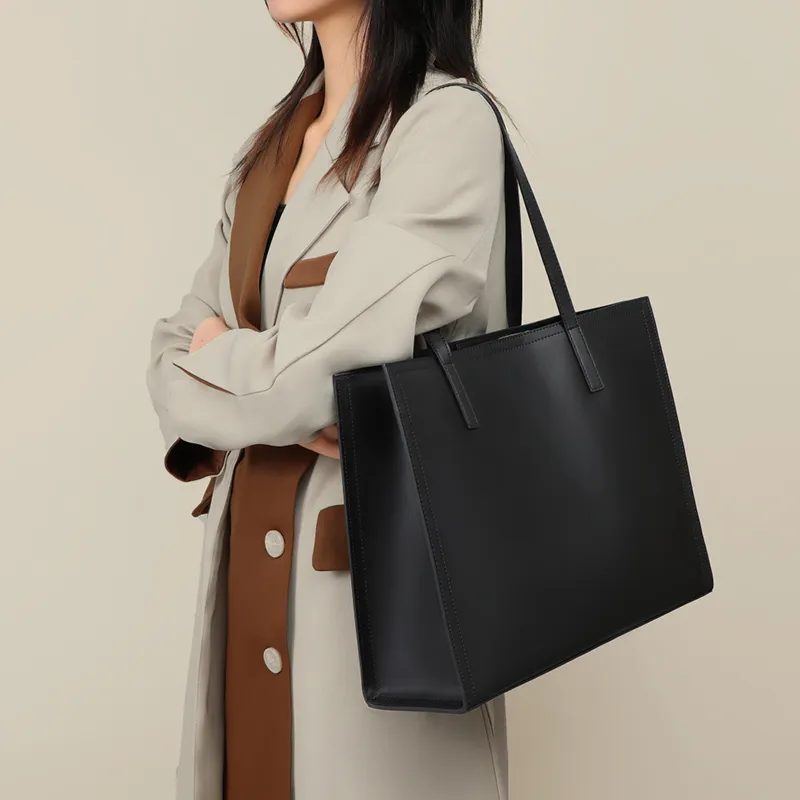 VINEY Cow Leather Shoulder Bag Handbag Tote Bag Shopping Bag Large Size Women's Black-1
