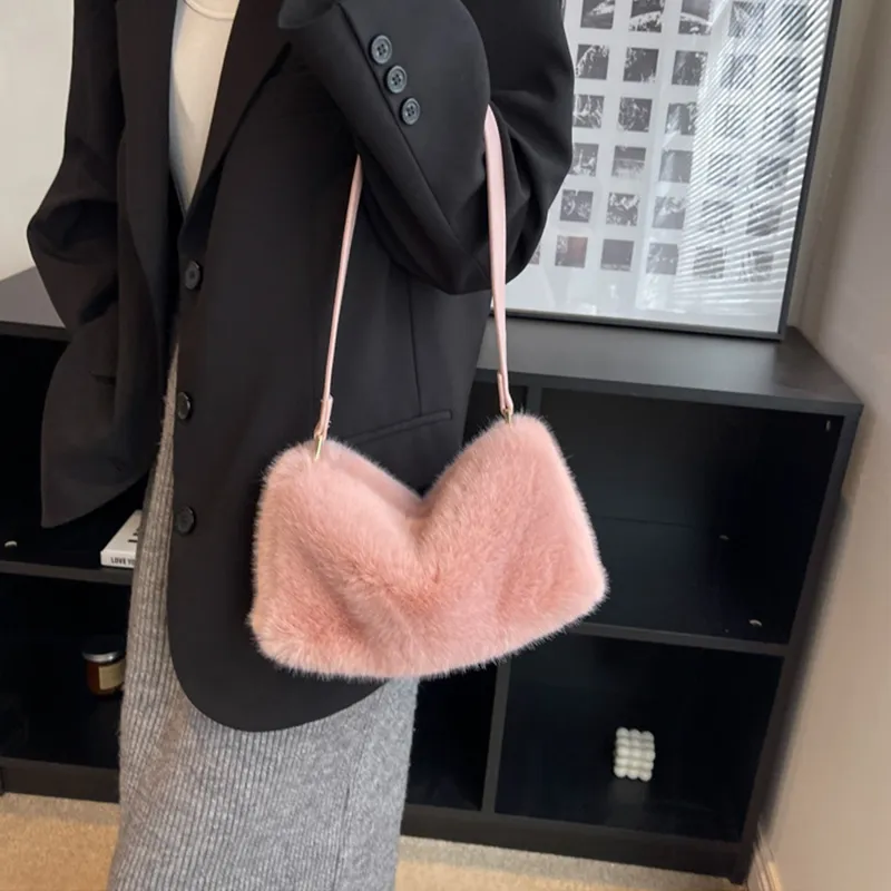JANE KLAIN Plush Small Square Bag Shoulder Bag Medium Size Women's White/Apricot/Pink-21