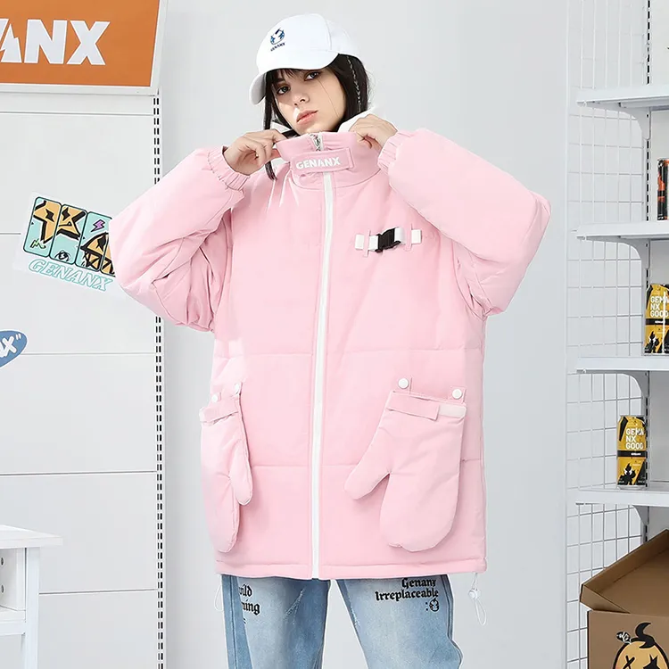 GENANX Solid Color Stand Collar Loose Fit Thickened Puffer Jacket Unisex-11