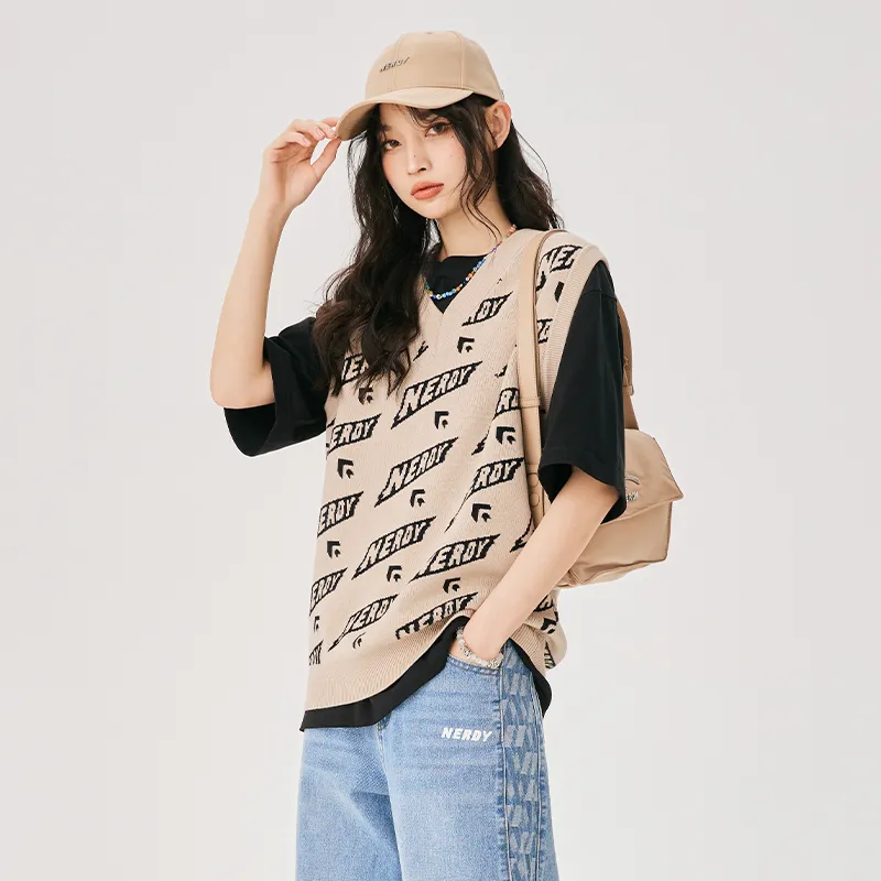 NERDY Loose Fit Vest Fall Unisex Khaki-5