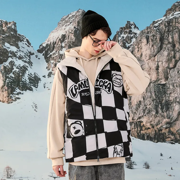 LAMLICKA Vests Unisex Black White Plaid-5