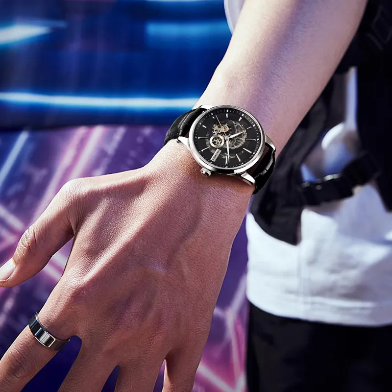 FOCEWALK Mechanical Movement Leather Strap Watch Men's Watches Black Dial-1