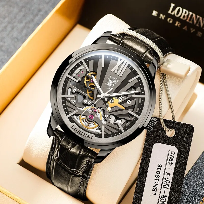 LOBINNI L Mechanical Movement Genuine Leather Strap Watch Men's Watches Cut-Out Dial-1