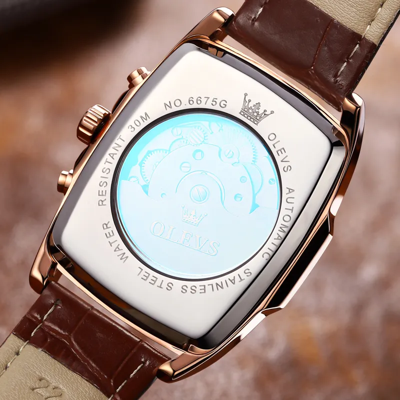 OLEVS Mechanical Movement Leather Strap Watch Men's Watches White Dial-4