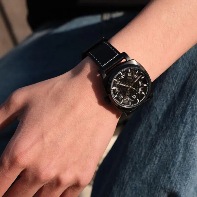 BOUX Galaxy Series Space Base Gull Automatic Mechanical Movement Cowhide Strap Watch Men's Watches Black Dial-2
