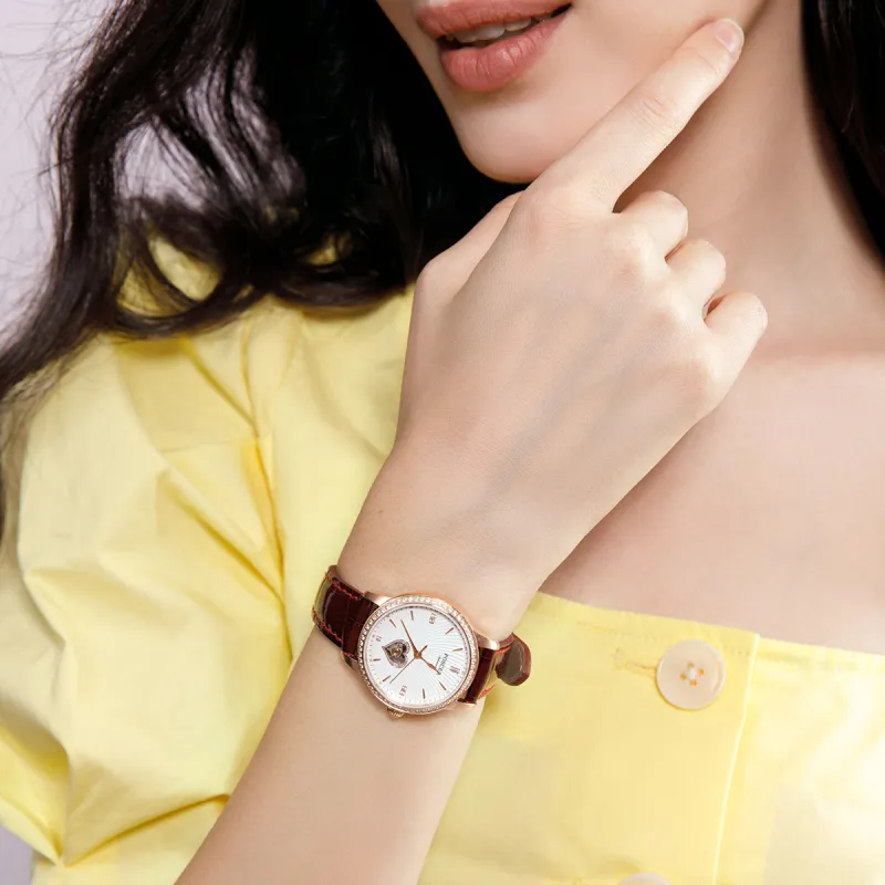 POSCER Heart To Heart Design KEYS Collection Mechanical Movement Genuine Leather Strap Watch Women's Watch White Dial-4