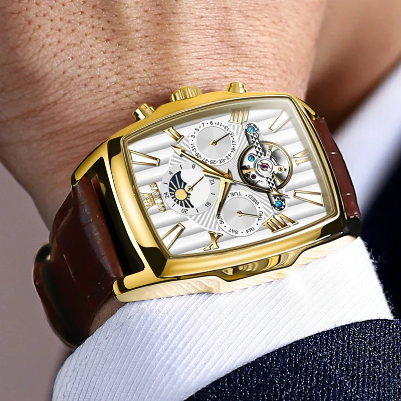 OLEVS Mechanical Movement Leather Strap Watch Men's Watches White Dial-12
