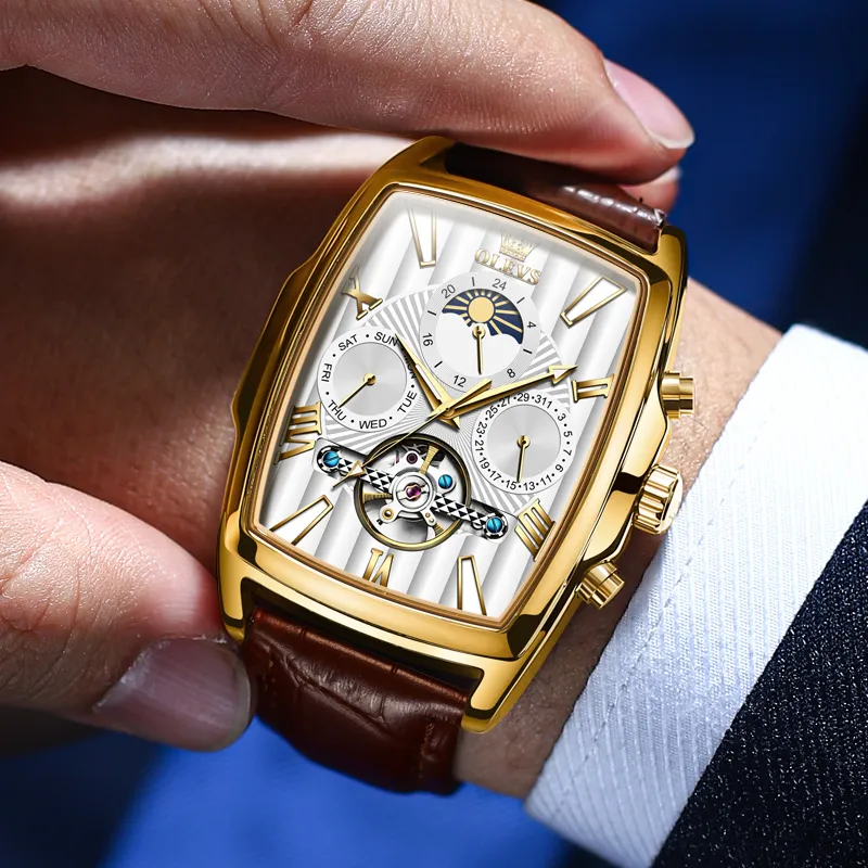 OLEVS Mechanical Movement Leather Strap Watch Men's Watches White Dial-11