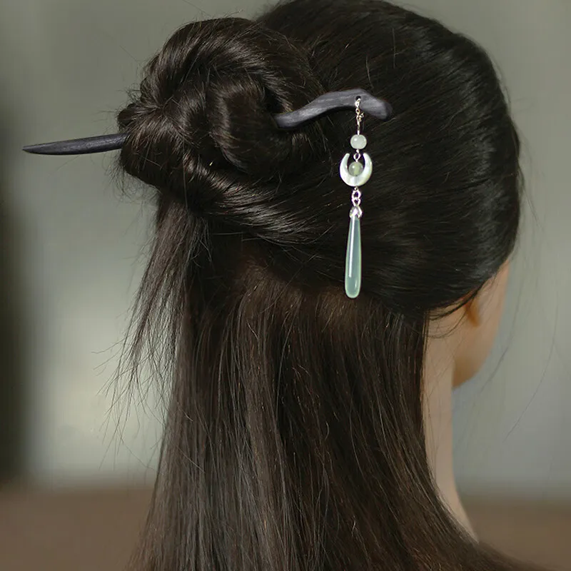 SENDME Hairpins Women's Rising Moon Over The Sea Wooden Hairpin-3