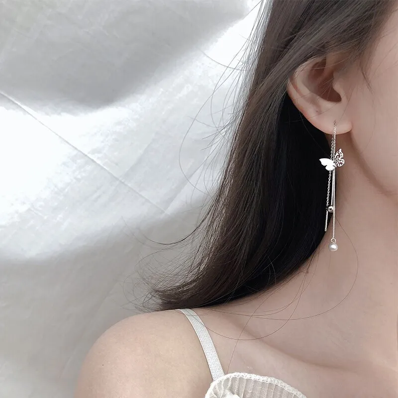 SENDME Drop Earrings Women's Butterfly Fringe Silver Drop Earrings-2
