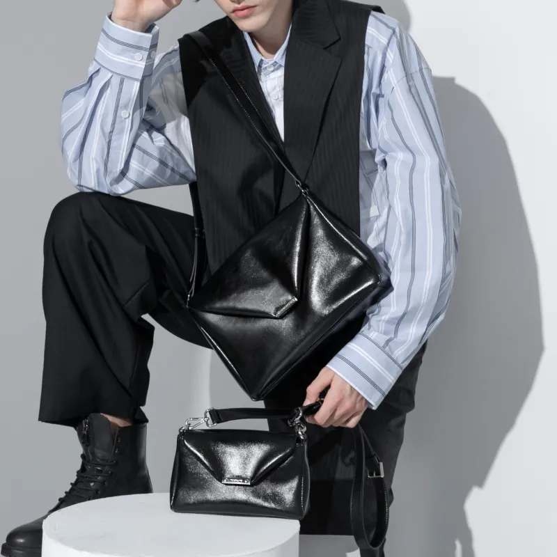 INJOYLIFE Cow Leather Soft Leather Envelope Bag Shoulder Bag Medium Size Men's Black-3