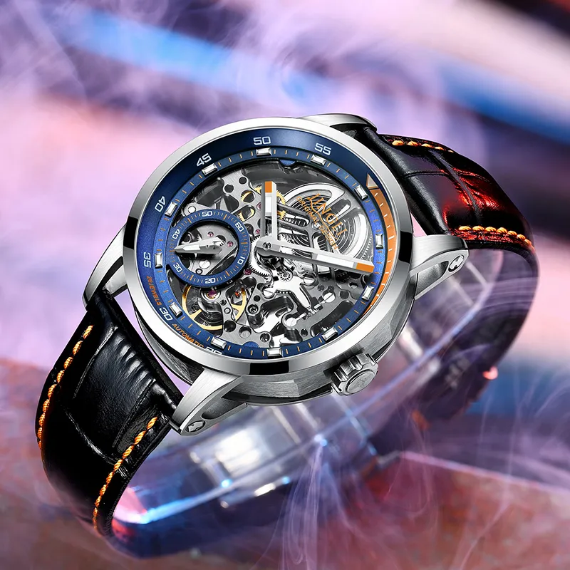 JINLERY Machine Automatic Mechanical Movement Genuine Leather Strap Watch Men's Watches Cut-Out Dial J9033-12